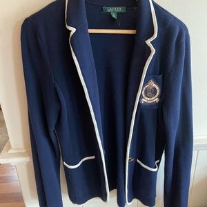 Lauren Ralph Lauren Navy Crest Knit Blazer White Trim Size M